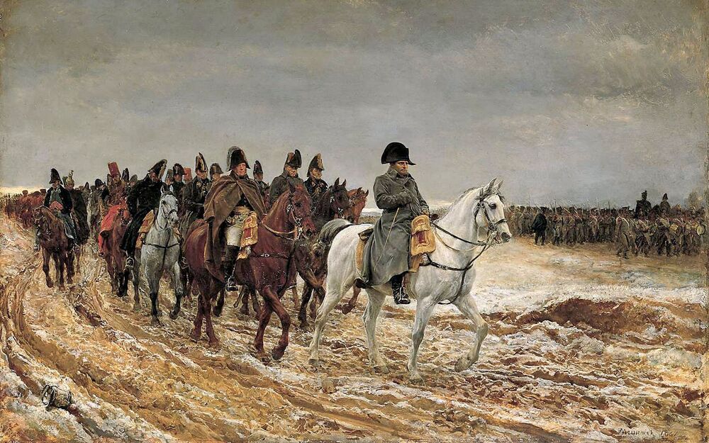 "1814, campagne de France" par Ernest Meissonier - la retraite après la bataille de Laon. Napoléon et son état-major derrière lui. © Wikimédia commons/musée d'Orsay